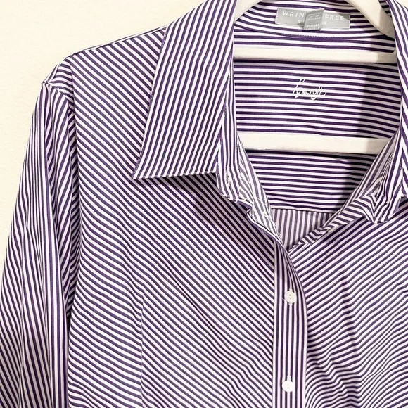 Foxcroft Purple and White Striped Button Down Shirt - Picture 1 of 7
